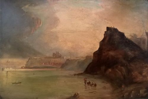 Indistinctly Signed Roe? Original 19th Century Antique Oil Painting Upgang Beach, Whitby North Yorkshire Coastal Seascape