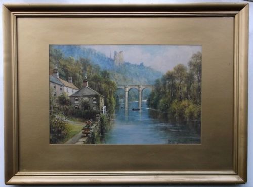 fig 1. Albert Milton Drinkwater Signed Original Antique Watercolour Painting Knaresborough Waterside Viaduct over River Nidd Yorkshire