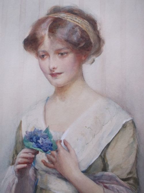 fig 2. Walter Ernest Webster Signed and Dated (19)10 Original English Antique Watercolour Painting Portrait of a Young Lady Holding a Posy of Flowers