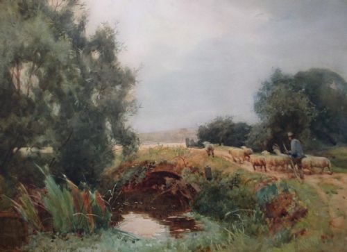 Samuel Towers Signed Original Antique English Watercolour Painting Shepherd with Flock Evesham Worcestershire