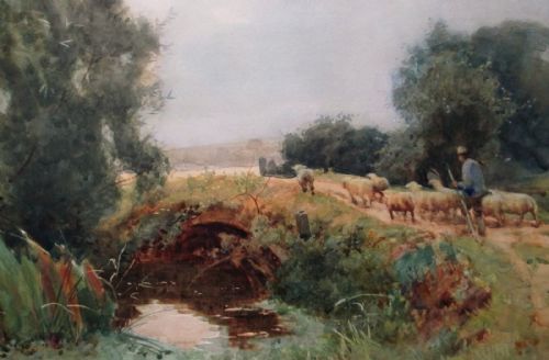 fig 1. SAMUEL TOWERS Signed Original Antique English Watercolour Painting Shepherd with Flock Evesham Worcestershire