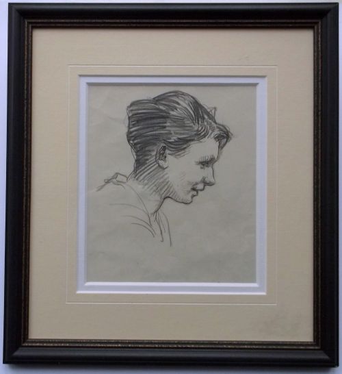 Attributed to Sir Alfred Munnings Original English Pencil Sketch Head and Shoulders Portrait of a Lady with Provenance