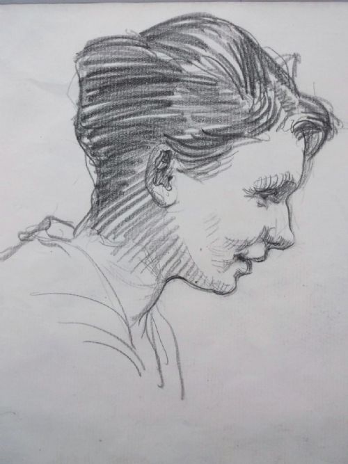 fig 1. Attributed to Sir Alfred Munnings Original English Pencil Sketch Head and shoulders Portrait of a Lady with Provenance