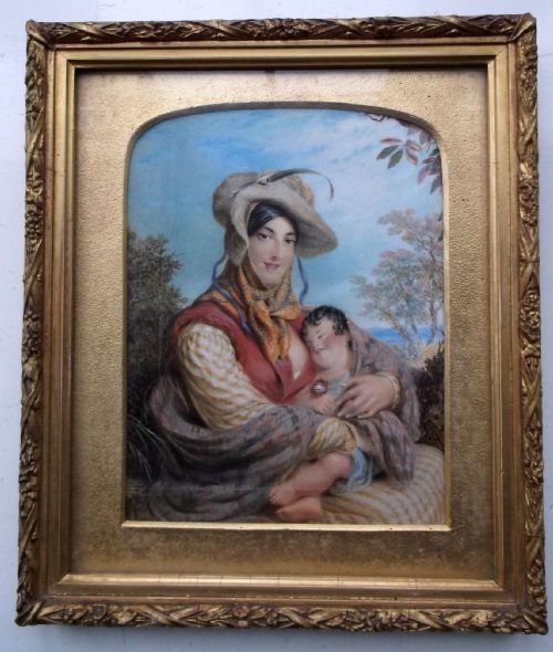 Paul Fischer Dated 1826 Original English Antique Watercolour Painting on Ivory "The Norwood Gypsy Queen & Child" Exhibited Royal Academy