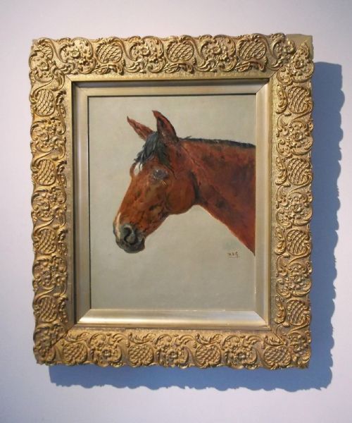 Original Antique 19th Century English Oil Painting on Canvas Horse Head Portrait Monogrammed in Decorative Frame