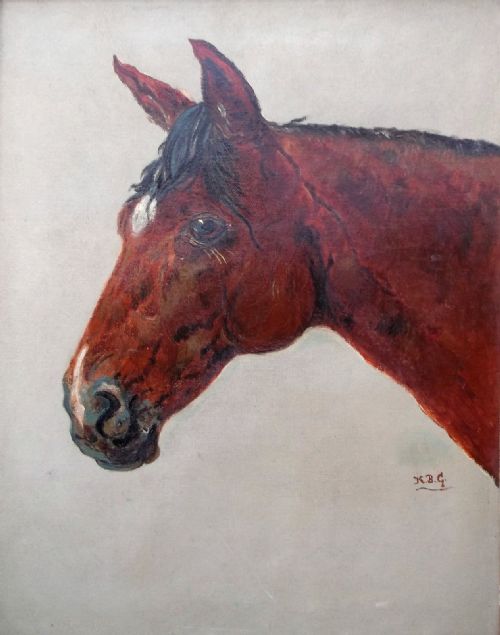 fig 1. Original Antique 19th Century English Oil Painting on Canvas Horse Head Portrait Monogrammed in Decorative Frame