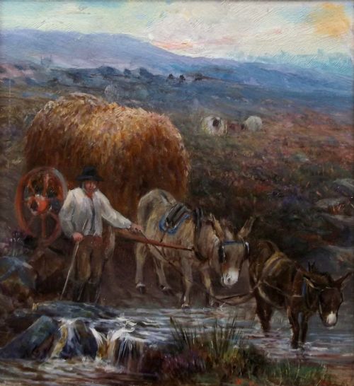 William Henderson of Whitby (1844-1904) Leading Bracken Original Antique English Oil Painting Donkeys with Hay Cart on Yorkshire Moors