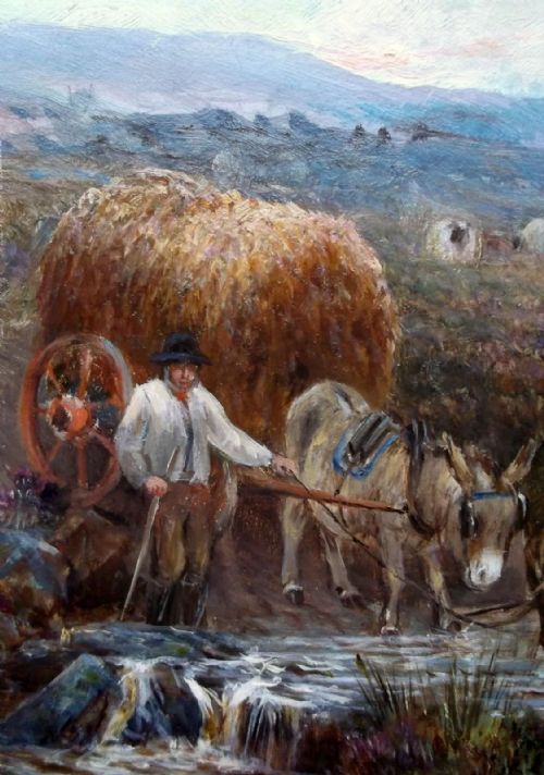 fig 1. William Henderson of Whitby (1844-1904) Leading Bracken Original Antique English Oil Painting Donkeys with Hay Cart on Yorkshire Moors