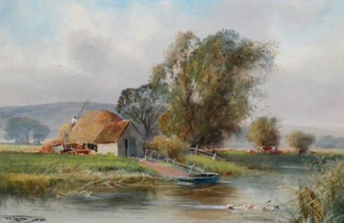 Henry Charles Fox Original 1911 Signed English Antique Watercolour Painting River & Thatched Cottage Landscape