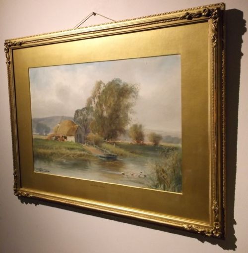 fig 1. HENRY CHARLES FOX Original 1911 Signed English Antique Watercolour Painting River & Thatched Cottage Landscape