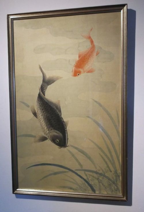 Chinese School 20th Century Black & Orange Koi Carp Large Original Vintage Watercolour Painting on Silk