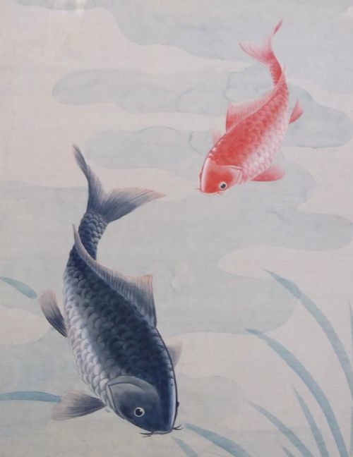 fig 1. Chinese School 20th Century Black & Orange Koi Carp Large Original Vintage Watercolour Painting on Silk