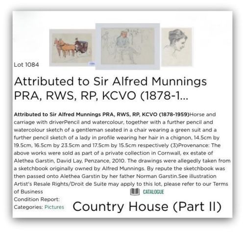 fig 1. Attr.Sir Alfred Munnings Original Pencil Sketch & Wash Portrait of a Gentleman