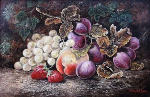 fig 1. Signed Oliver Clare Original Antique Oil Painting on Canvas Fruit Still Life Study in Period Frame