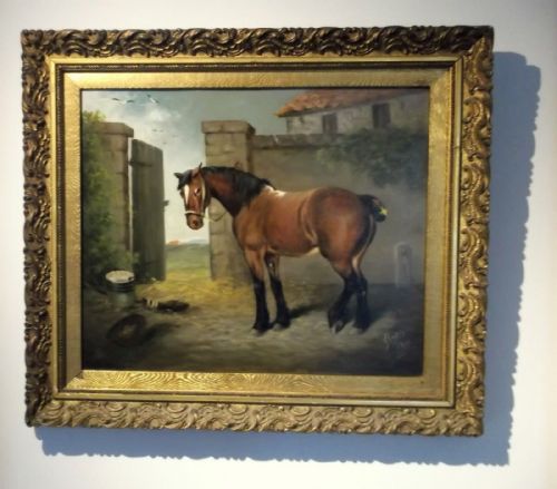 British School Horse by Farmyard Gate Signed & Dated 1901 Antique Oil Painting on Board in Decorative Frame