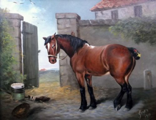 fig 1. British School Horse by farmyard Gate Signed & dated 1901 Antique Oil Painting on Board in Decorative Frame