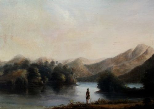 Original Antique Oil Painting on Panel Scottish School Highlander Before a Glen Mountain Landscape