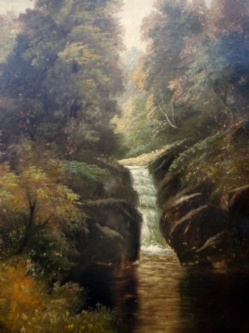 fig 1. 1880 Indistinctly Signed Original Antique English School Oil Painting Yorkshire Waterfall landscape 2