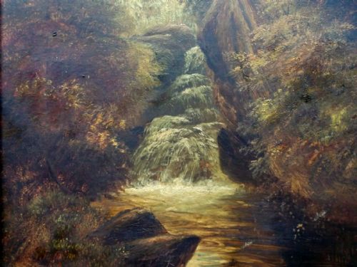 fig 1. Indistinctly Signed 1880 Original Antique English School Oil Painting Yorkshire Waterfall 1 in Large Solid Wood Frame