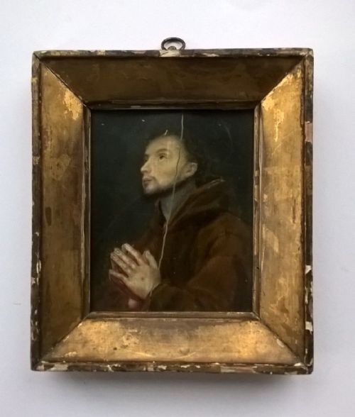 After Lorenzo Lippi Original 19th Century Antique Miniature Framed Oil Painting on Ivory Panel of St Francis of Assisi Praying