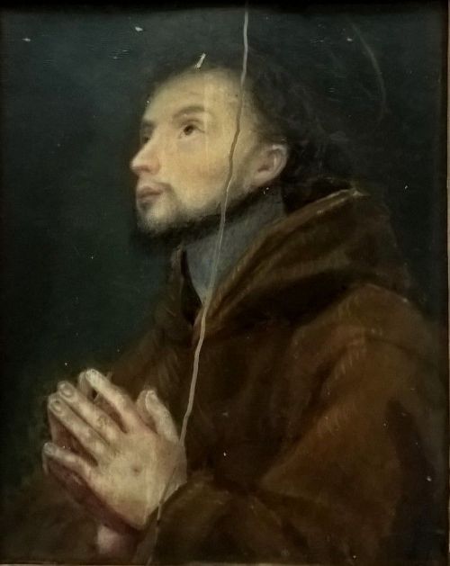 fig 1. After Lorenzo Lippi Original 19th Century Antique Miniature Framed Oil Painting on Ivory Panel of St Francis of Assisi Praying