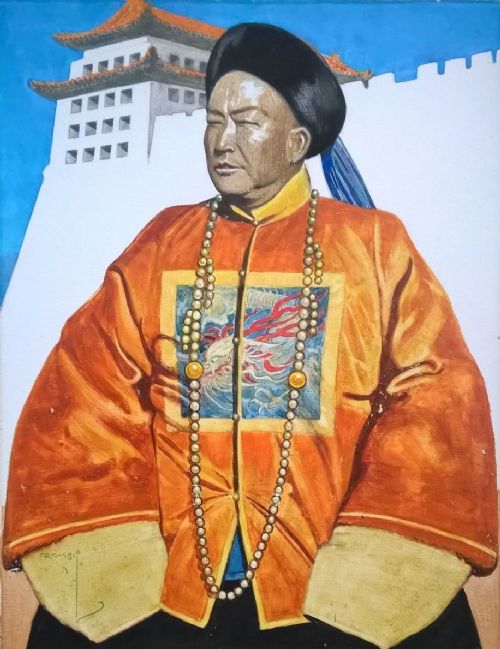 fig 1. Signed Original 20th Century Watercolour Gouache Communist Style Painting Portrait of a Chinese Emperor