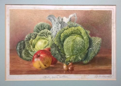 Attributed Sarah Ellen Weatherill Antique Still Life Study of Cabbages Brassicas Original Watercolour Painting