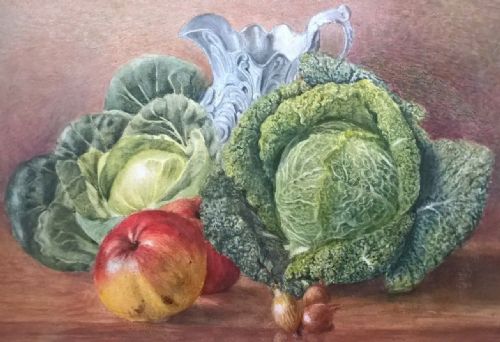 fig 1. Attributed Sarah Ellen Weatherill Antique Still Life Study of Cabbages Brassicas Original Watercolour Painting