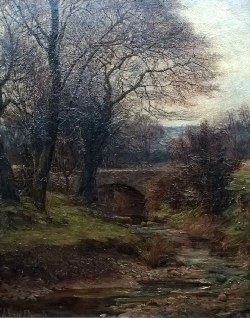 fig 1. Alfred Elsworth Signed Original Antique Oil Painting River & Bridge in Yorkshire