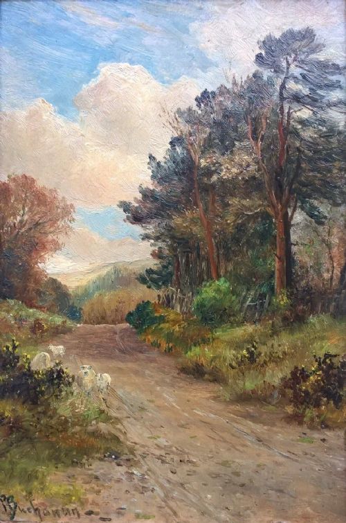fig 1. Peter S Buchanan Original Signed Antique Oil Painting on Panel Sheep on a Country Track