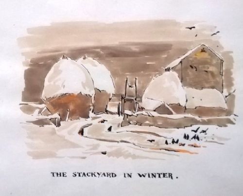 Fred Lawson Original Vintage English Watercolour Painting the Stackyard in Winter from a 1935 Book of Drawings