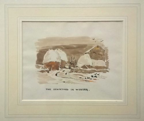 fig 1. Fred Lawson Original Vintage English Watercolour Painting The Stackyard in Winter from a 1935 Book of Drawings