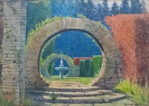 fig 1. DM & EM Alderson 1943 Signed Original Vintage English Watercolour Painting Grantley Hall Gardens Ripon Yorkshire