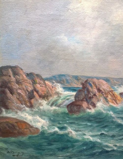 fig 1. Attr. Carl Oscar Borg Signed Original Antique Oil Painting Canvas Coast Seascape