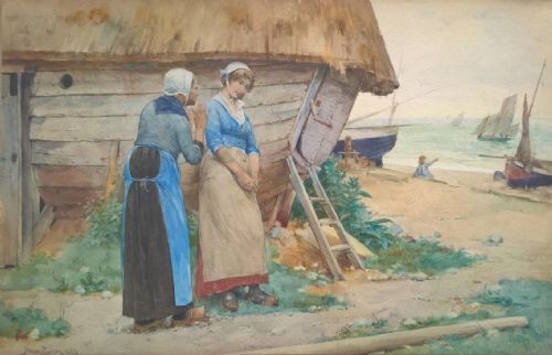 Henry Bacon 1883 Signed Original Antique Watercolour Painting Dutch Fisher Women