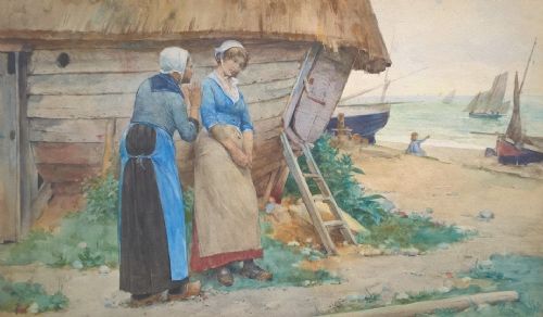 fig 1. HENRY BACON 1883 Signed Original Antique Watercolour Painting Dutch Fisher Women