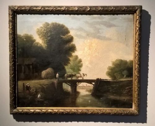 fig 1. Attributed to Leon Gaucherel Original French 19th Century Antique Oil Painting Farm Horses & Wooden Bridge with Signed Engraving of the Painting