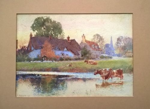 James Millar Mackay (1863 - 1936) Original Signed Antique English Watercolour Painting Village Pond with Cattle Landscape