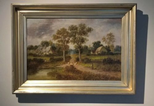 M Goodman (Maude) Signed Original English Antique Oil Painting on Canvas Rural Landscape with Sheep & Figures