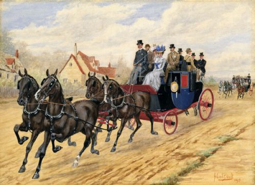 Francis Cecil Boult Original Signed 1899 Victorian Antique Watercolour Painting Stagecoach & Horses Horse Drawn Carriage