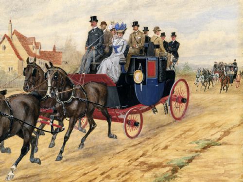 fig 1. Francis Cecil Boult Original Signed 1899 Victorian Antique Watercolour Painting Stagecoach & Horses Horse Drawn Carriage