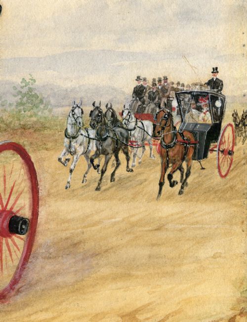 fig 3. Francis Cecil Boult Original Signed 1899 Victorian Antique Watercolour Painting Stagecoach & Horses Horse Drawn Carriage