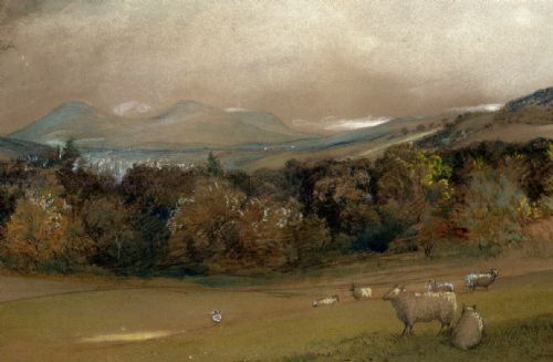 Signed 19th Century Antique Scottish School Antique Painting Eildon Hills, Galashiels, Scotland
