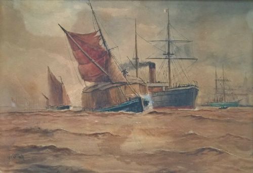 William Daniel Penny Monogrammed Original Late 19th Century Antique Watercolour Painting  "Shipping Off Gravesend"