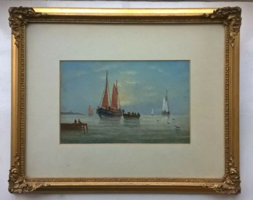 William Daniel Penny Signed Original 19th Century Antique Oil Painting Coastal Fishing Boat Seascape