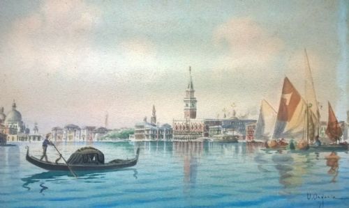 fig 1. Umberto Ongania Signed Original Vintage Italian Watercolour Painting Venice Italy