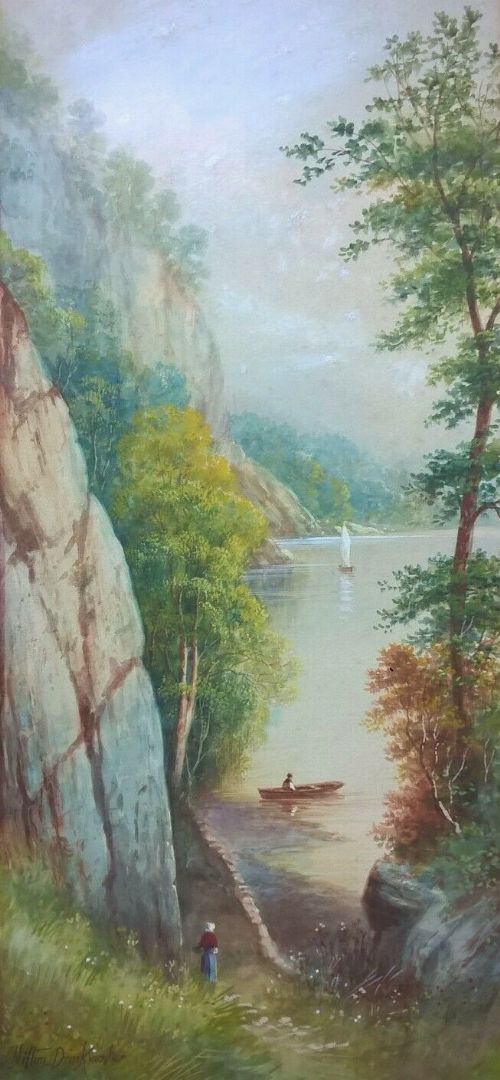 A. Milton Drinkwater Signed 19th C Watercolour Painting Lake & Boats Landscape