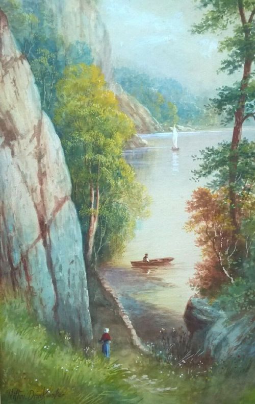 fig 1. A. Milton Drinkwater Signed 19th C Watercolour Painting Lake & boats Landscape