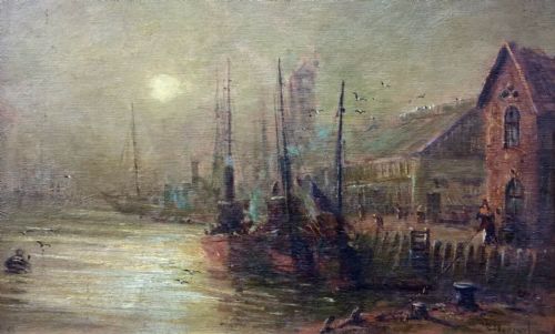 Robert Pearson Original Antique English Oil Painting on Panel the Fish Pier Scarborough Harbour Yorkshire Coast Seascape