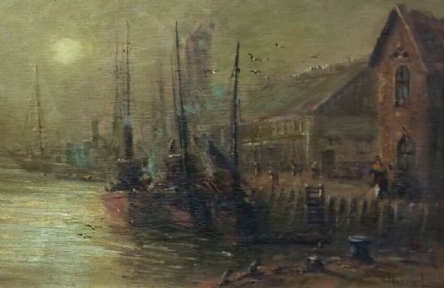 fig 1. Robert Pearson Original Antique English Oil Painting on Panel The Fish Pier Scarborough Harbour Yorkshire Coast Seascape